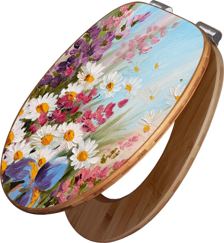 banjado Design WC Sitz Bambus Absenkautomatik -Sommerstrauss - Toilettendeckel mit Absenkautomatik Holz/hochwertiger Bambus Klodeckel/WC-Sitz für ...