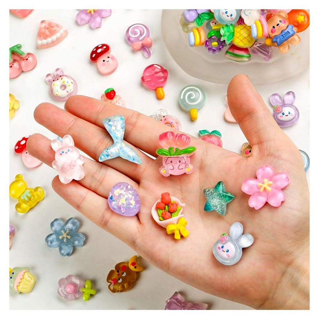 60 Stück Süße Slime Charms Set, Süßigkeiten Harz Flatback, Kawaii Harz Charms, Bunte Früchte Ornamente, 3D Tiere Dekoration für DIY Basteln,...