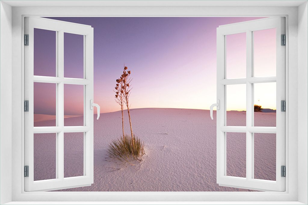 Wallario Wandbild aus Acryl, 60 x 90 cm, freischwebende Optik - Kleine Oase in der Wüste mit Fenster-Illusion