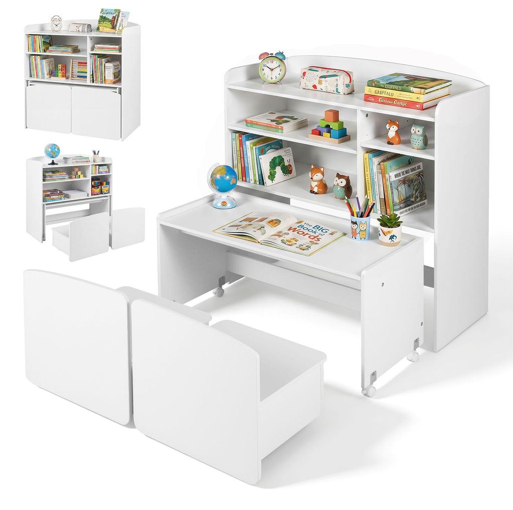 COSTWAY detský stolík 3 v 1 s 2 stoličkami na kolieskach, Obrázok produktu 