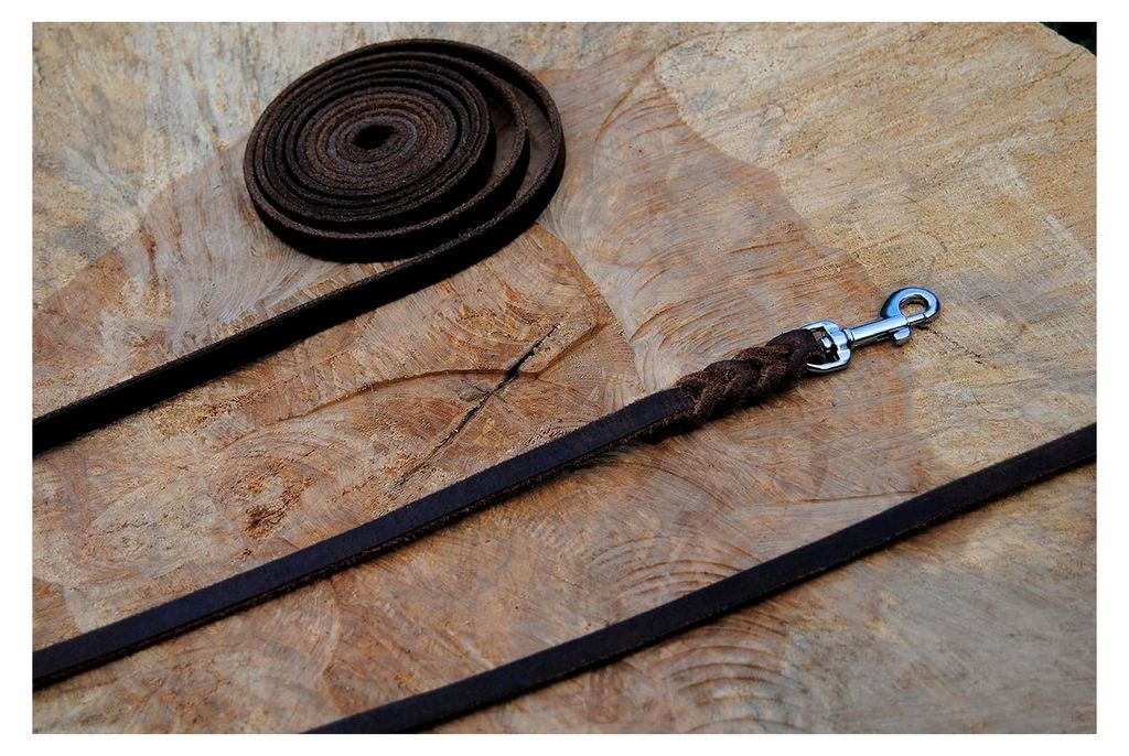 Petite Lederleine geflochten Antik-Leder 10mm x 5m ohne Schlaufe Silber Karabiner Schleppleine Fährtenleine