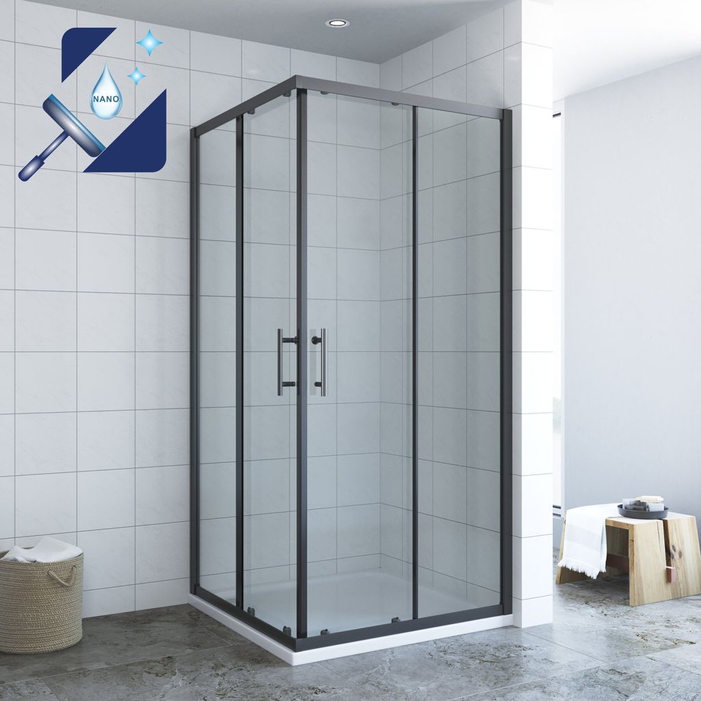 Duschkabine Glas Eckeinstieg 100x100 x 195 cm Schiebetüren Eckdusche schwarz Rahmen Klarglas mit Lotuseffekt Beschichtung