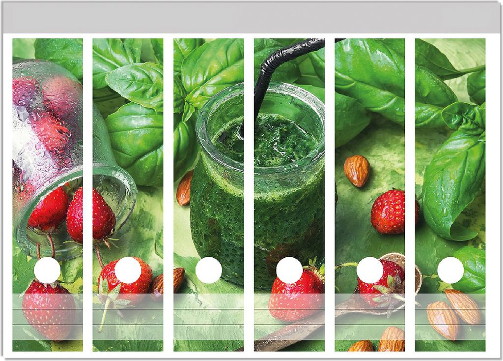 Wallario Ordnerrücken Sticker, selbstklebend für breite Ordner, 6 Stück, Motiv Grüner Smoothie mit Erdbeeren