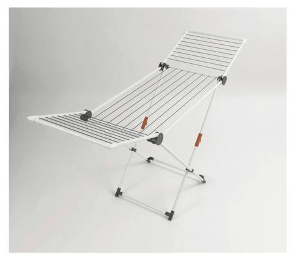 A white laundry drying rack with gray and orange accents is shown against a white background.