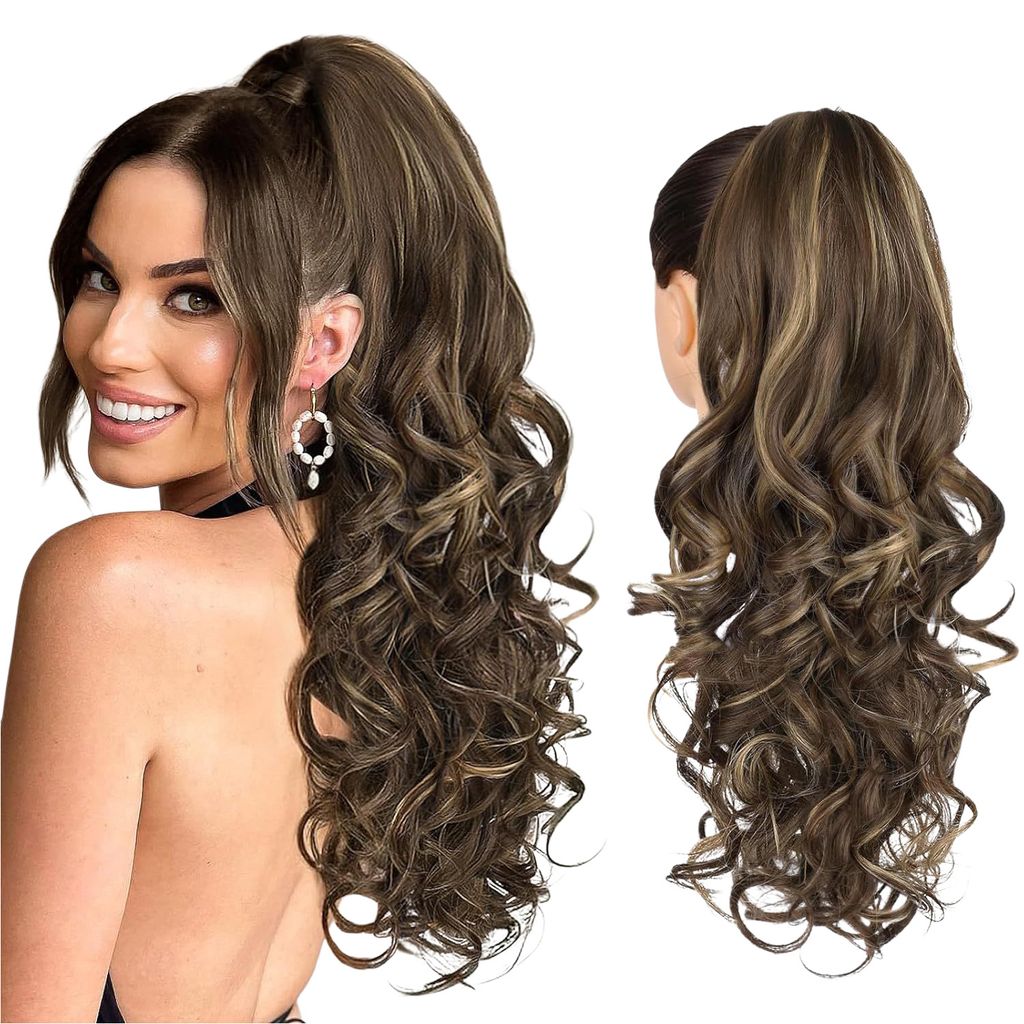 Pferdeschwanz Haarteil mit Klammer, Lockige Gewellt Pferdeschwanz mit Clip, Braun