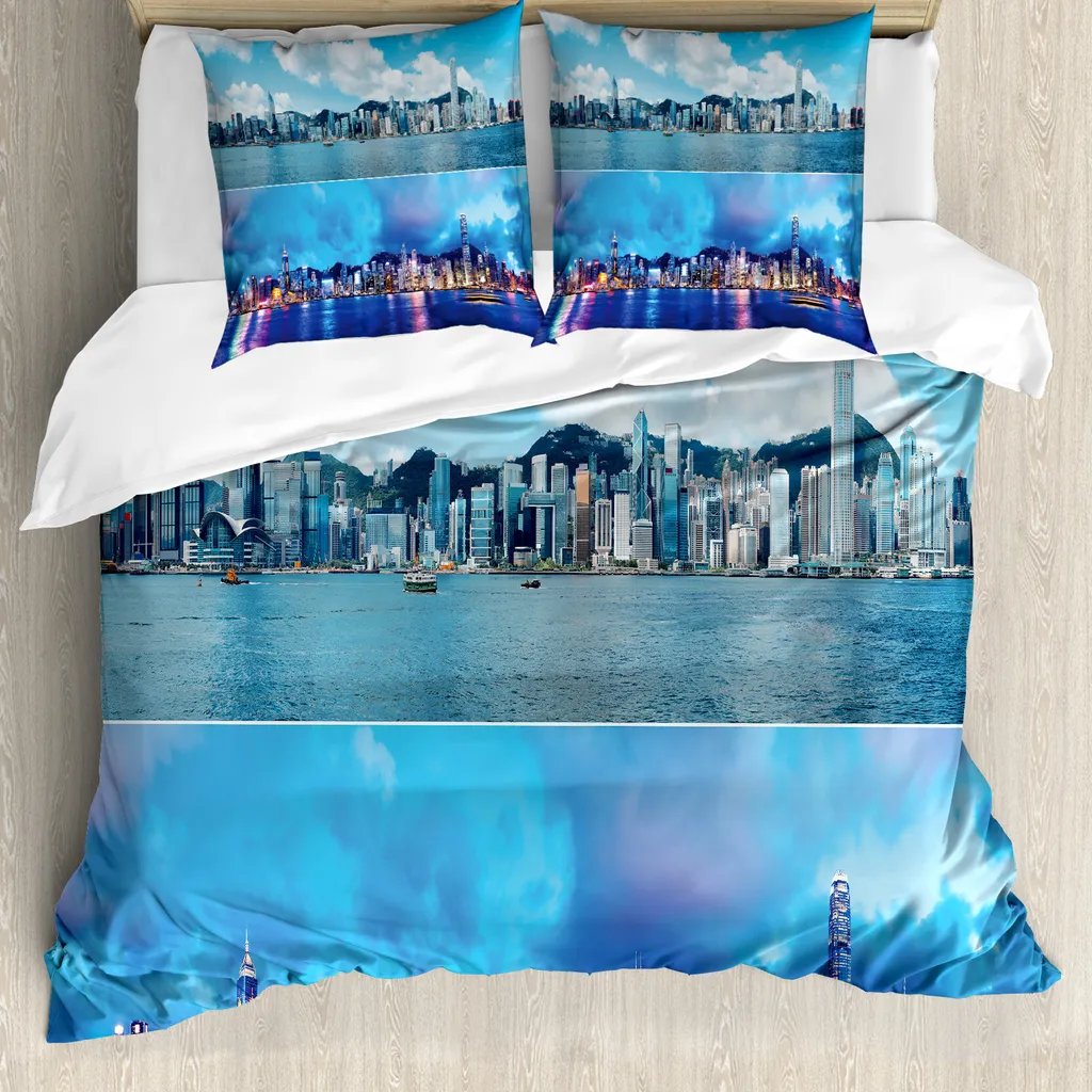 ABAKUHAUS Set copripiumino per letto matrimoniale, Hong Kong asiatico, antiacaro, adatto a chi soffre di allergie, con federe, blu cielo scuro