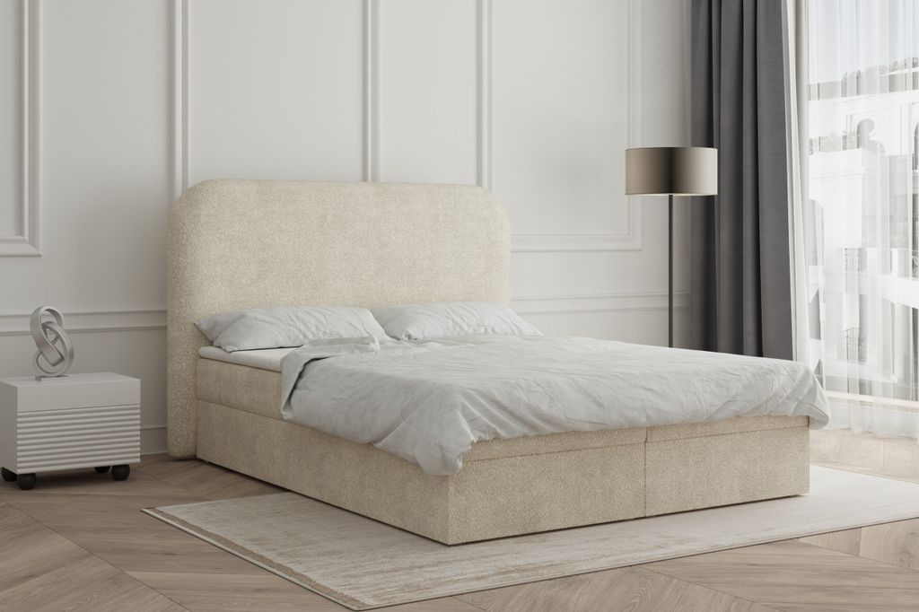 MOEBLO Boxspringbett Bett 07 – Boxspringbett, aus Boucle, Polsterbett Kontinentalbett, dekorativem Kopfteil Doppelbett mit Bonell-Frendung, Toppe...