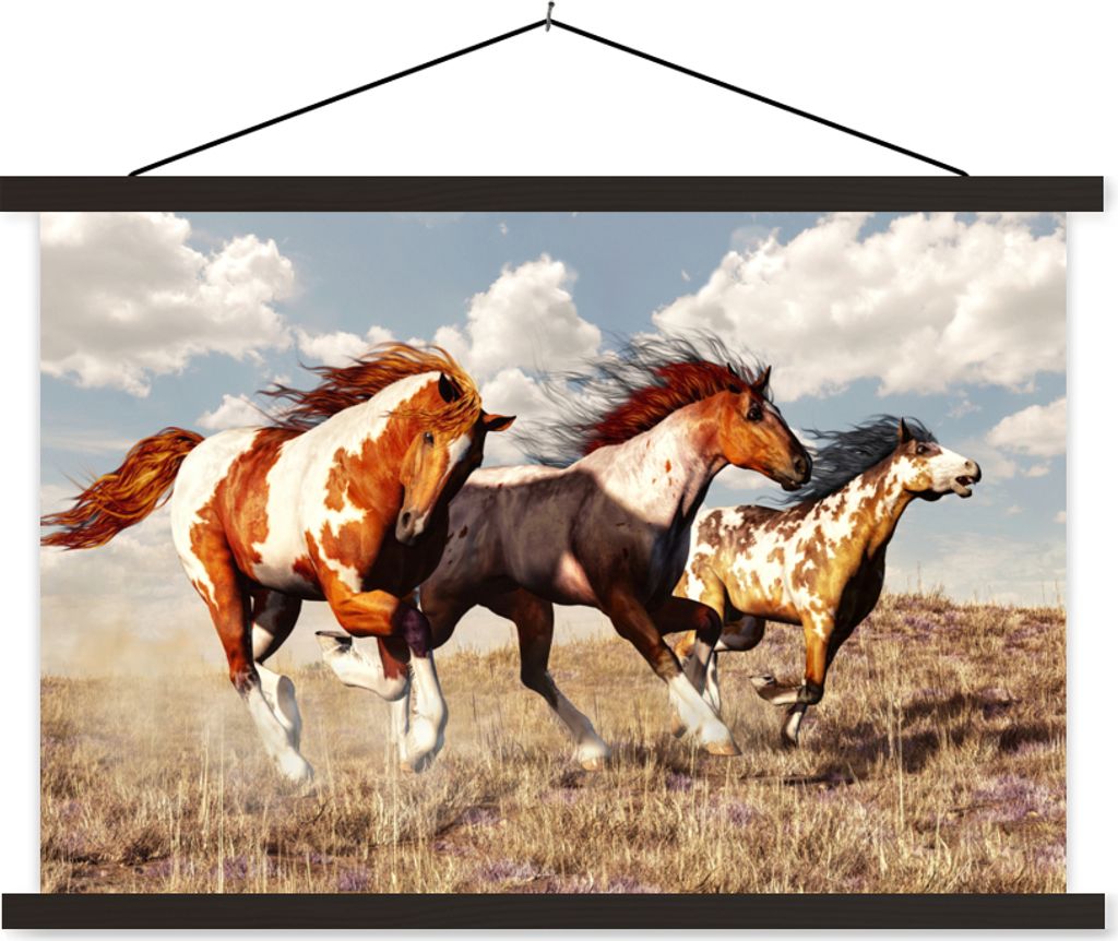 MuchoWow Textilposter Pferde - Tiere - Gras - Fell 60x40 cm mit schwarzem Rahmen - Hölzernes