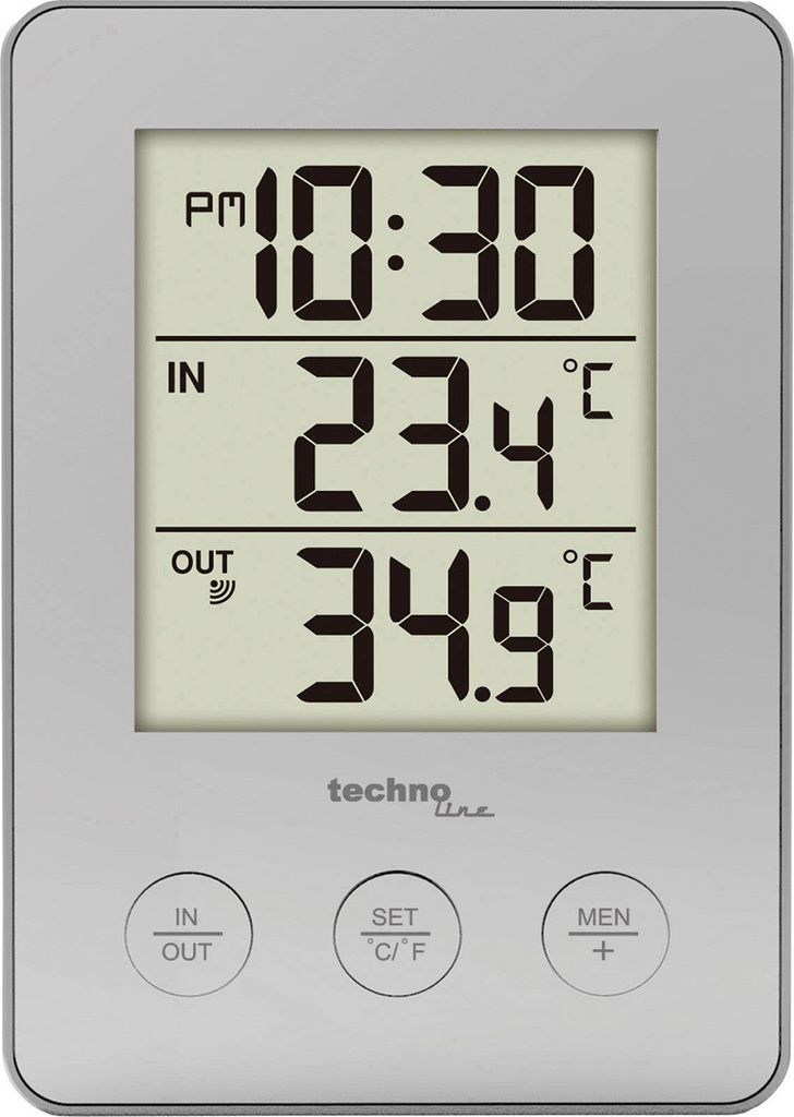 A digital thermometer displaying indoor and outdoor temperatures and time.