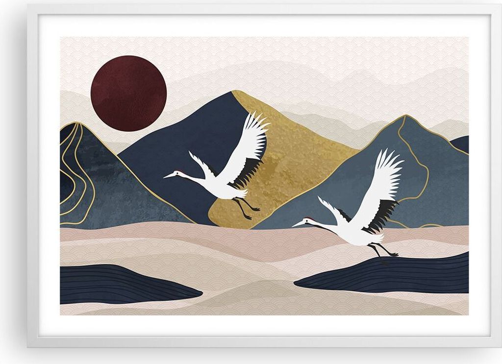 Gerahmtes Poster - Weißer Rahmen - Kraniche Berge Sonne - 70x50 cm - Wand Bild - Wanddeko - Wandbilder - Kunstposter - Wandposter - Bilderrahmen -...