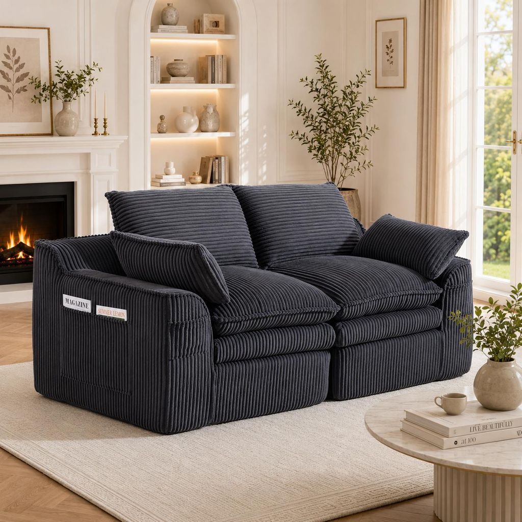Cordsofa 2-Sitzer Dunkelgrau Modular Sofa Klein Couch mit Kissen Federkern Seitentaschen Mini-Sofa Polstersofa Loungesofa für Wohnzimmer Büro Kle...