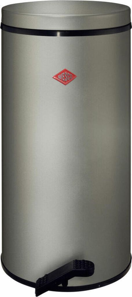 A silver pedal bin with a black pedal.