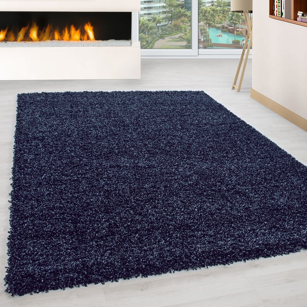 Teppich Wohnzimmer Hochflor Einfarbiges Design Langflor Shaggy Modern Flauschig, Größe: 160 cm Rund, Farbe: Marineblau