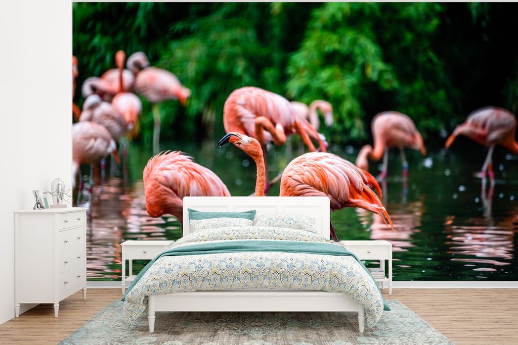 MuchoWow Fototapete für Wohnzimmer oder Schlafzimmer Wandtapete Vinyl Motivtapete Flamingo - Tropisch - Vogel - Wasser - Rosa - 295x220 cm - Wan...