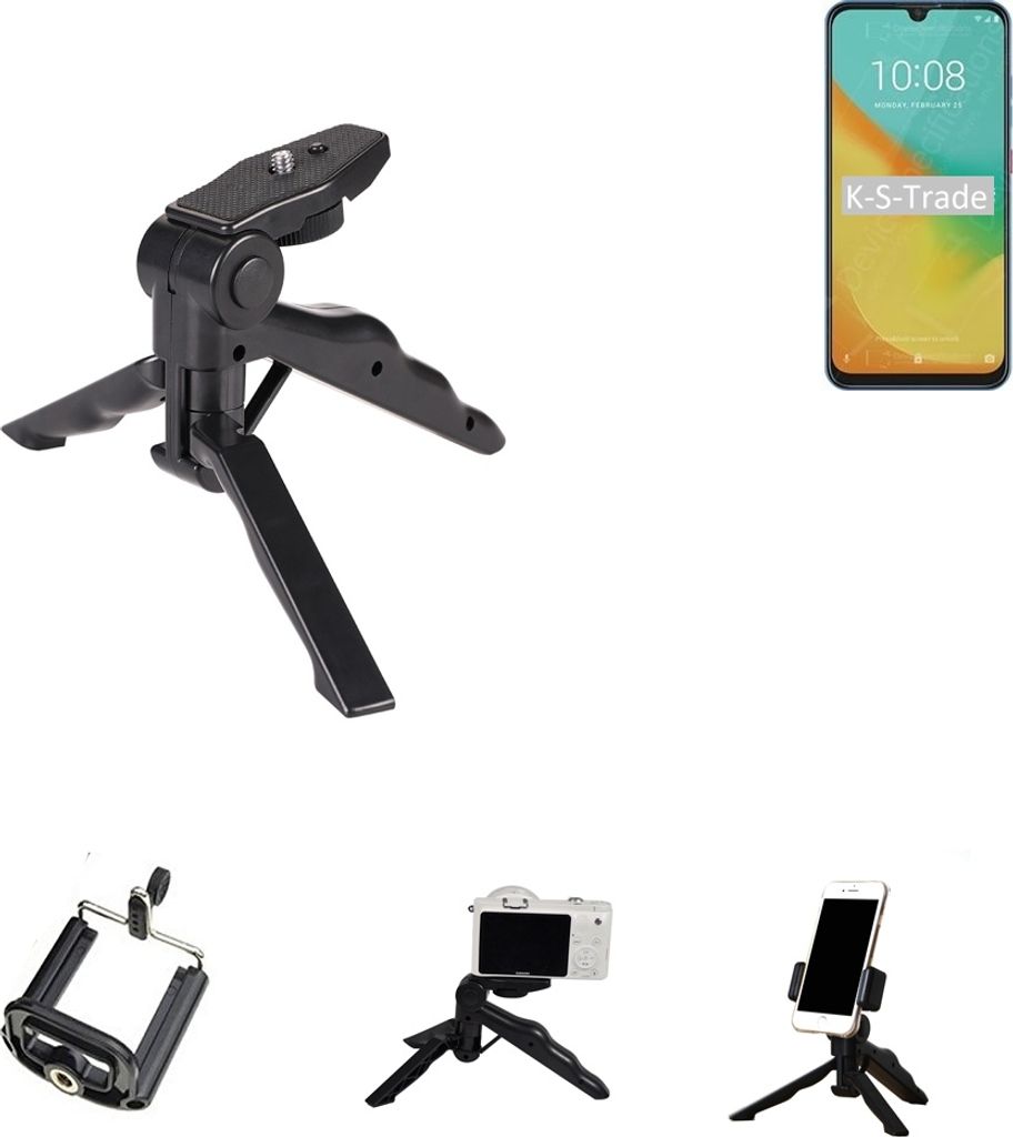 K-S-Trade Stativ Tisch-Ständer Dreibein Handy-Stativ Ständer kompatibel mit ZTE Blade V10 Vita Mini-Stativ Smartphone Tripod Handy-Stativ aus