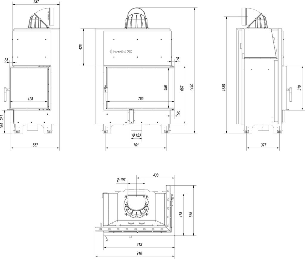 Kamineinsatz aus Stahl KRATKI MBO rechts 15 kW Ø 200 gebogenes Glas schwarz Verkleidung