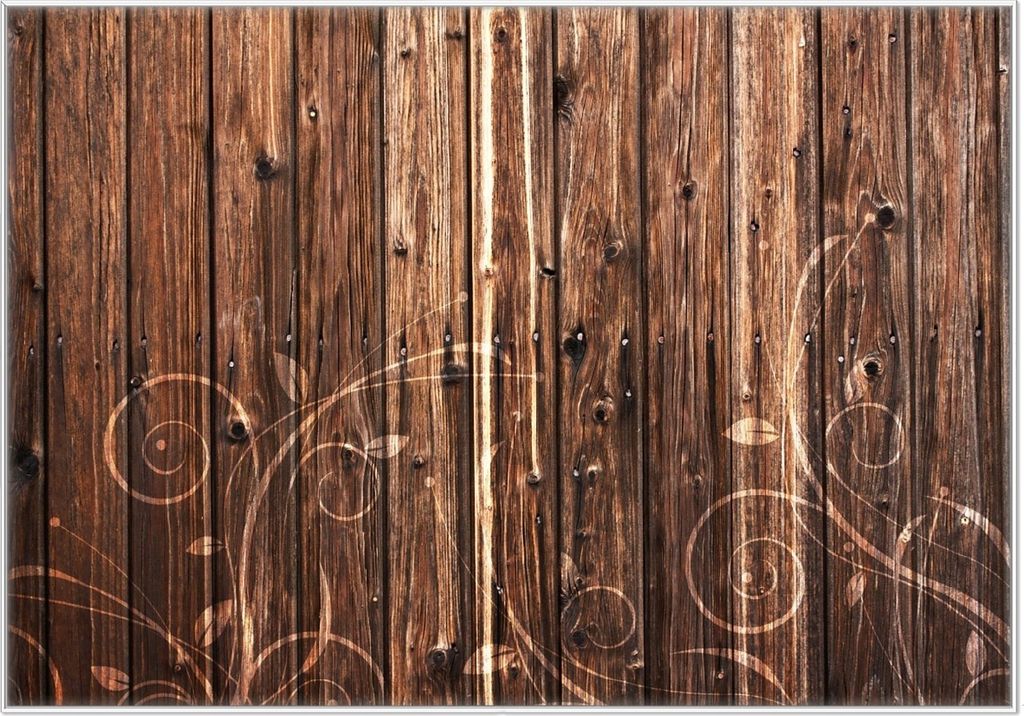 Wallario Wandbild Holz in dunkelbraun mit Blumenmuster - Schnörkel, Größe: 70,30 x 100,30 cm, Poster mit weißem Kunststoffrahmen