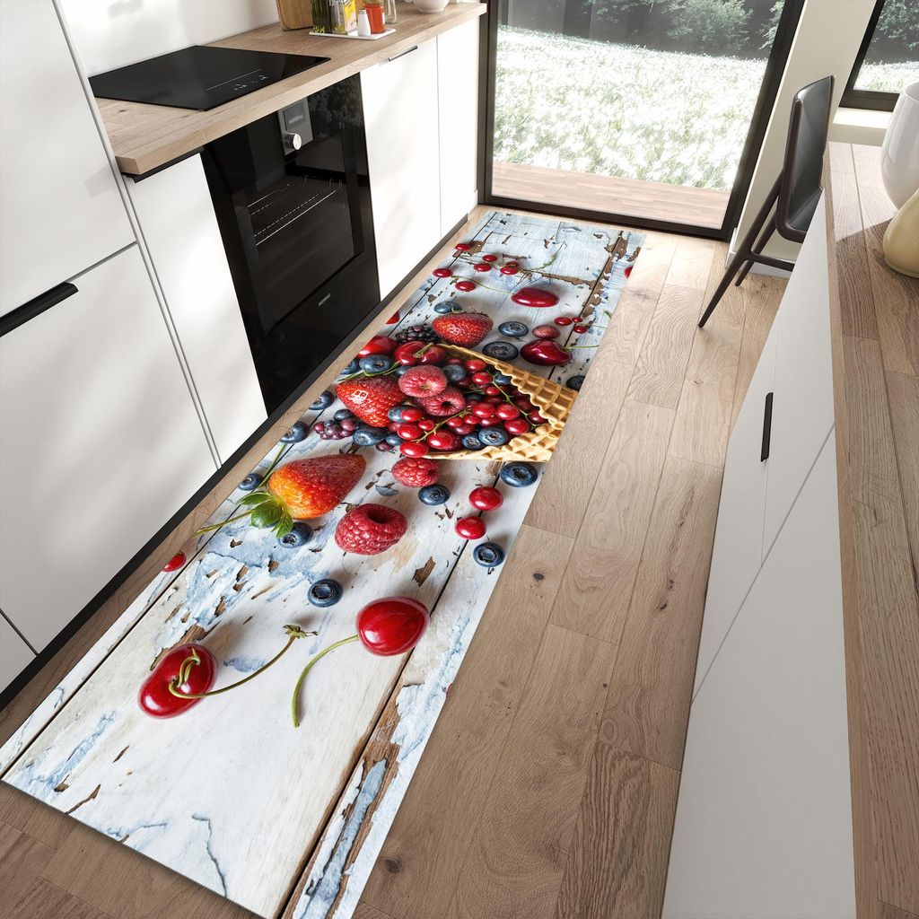 Küchenteppich 80x300cm rutschfest & abwischbar PVC Läufer - Früchte Eiscreme