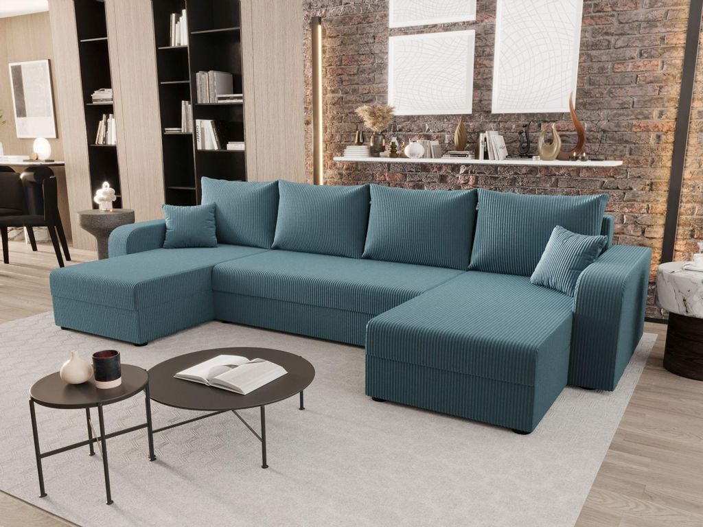 BEDANTE WOHNLANDSCHAFT HEWLET U BIS Zoom 14 Blau mit Schlaffunktion U-Form Sofa mit Stauraum Bettkasten Wohnzimmersofa Couch Sofa Bettsofa Bettkast...