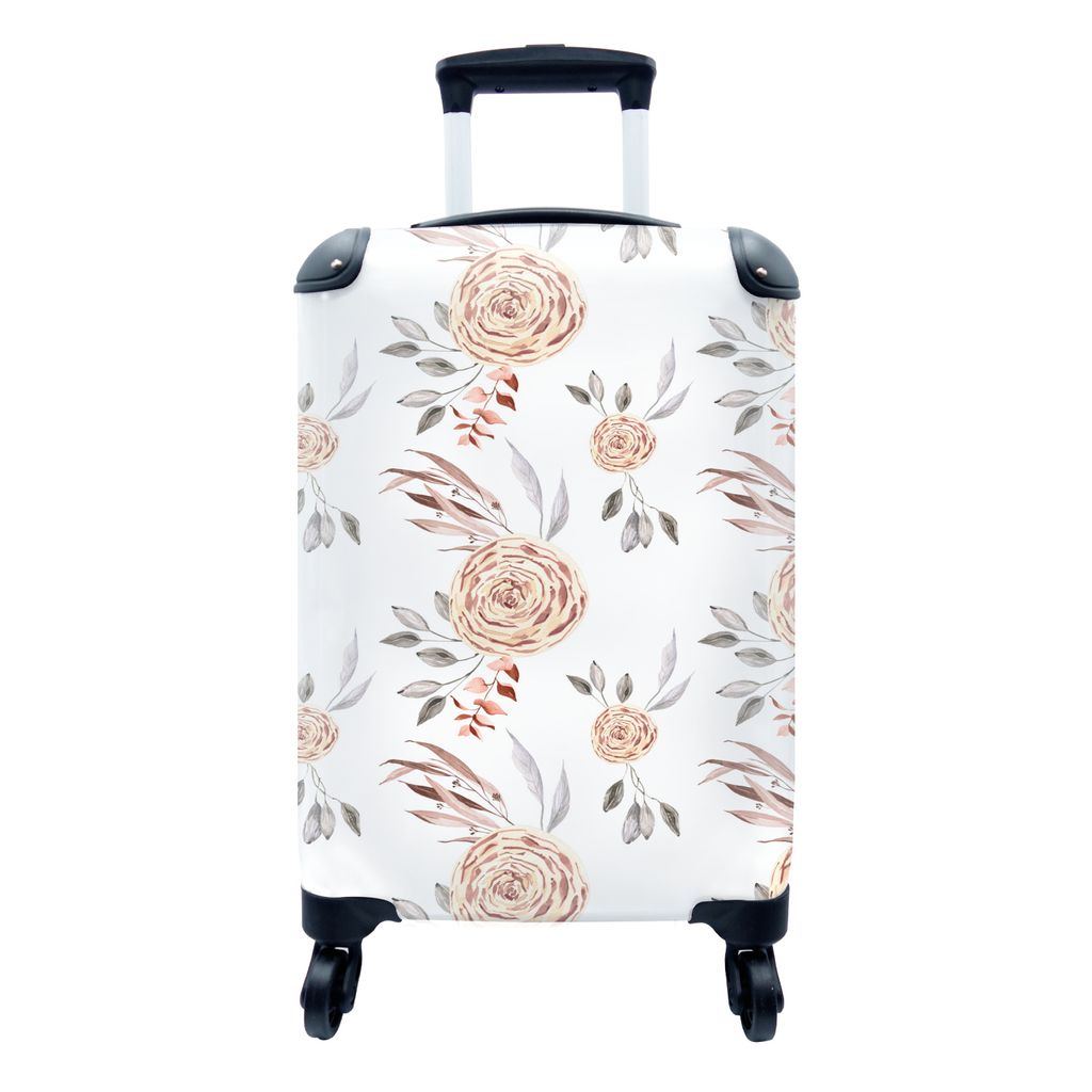 MuchoWow Koffer Handgepäck Trolley Rollkoffer Kleine Reisekoffer mit 4 Rollen - Rosen - Blumen - Blätter - Weiß - Cabin Size < 55x40x23 cm & 5...