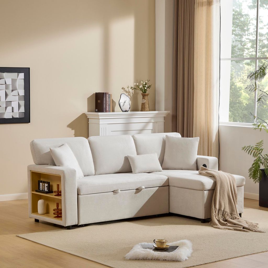 Merax Schlafsofa mit Schlaffunktion, L-Form Ecksofa mit Bettkasten, USB-Anschluss, Regal, Samtstoff, Weiß
