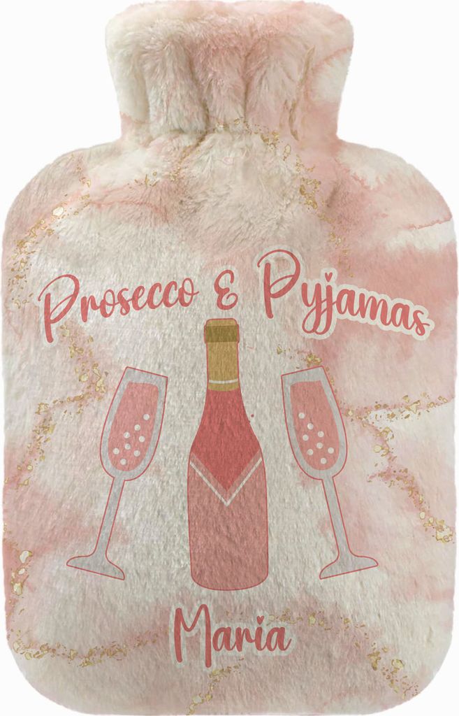 Personalisierte Wärmflasche mit Minky Pullover Bezug 2 Liter Bettflasche mit schönen Fleece-Druck Bezug Gummi Wärmflasche mit Deckel Prosecco & ...