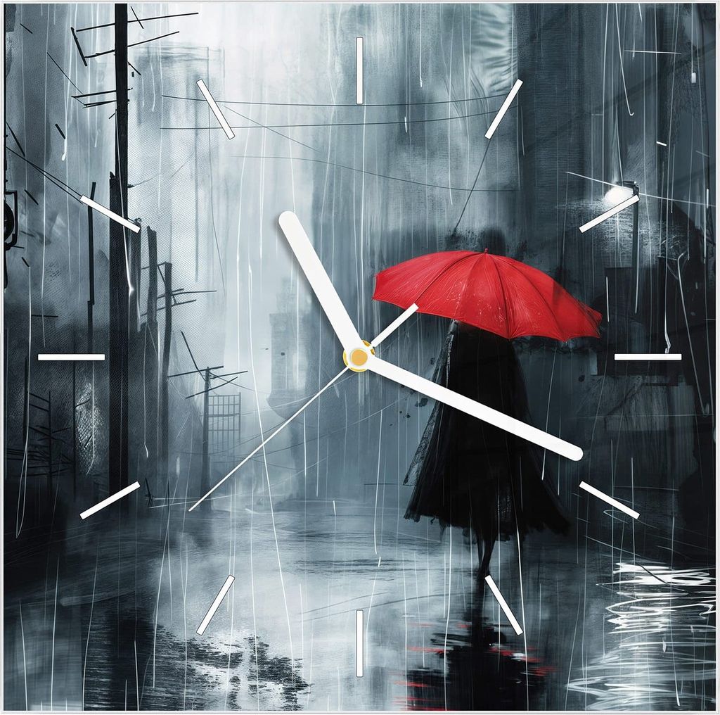 Wanduhr aus Glas mit Motiv Regenschirm im Regen- 30 x 30 cm - inkl. Aufhängesystem