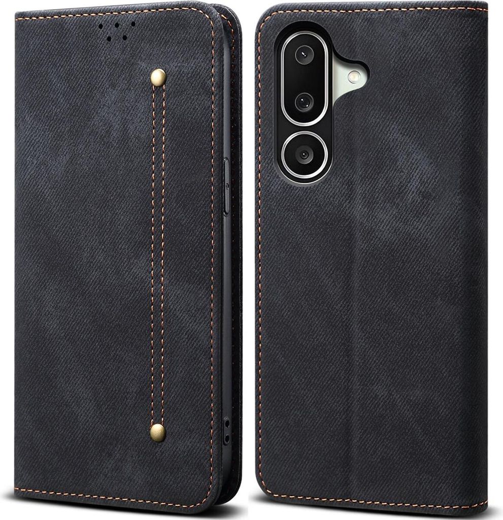 A black flip-style phone case is shown from the front and back.