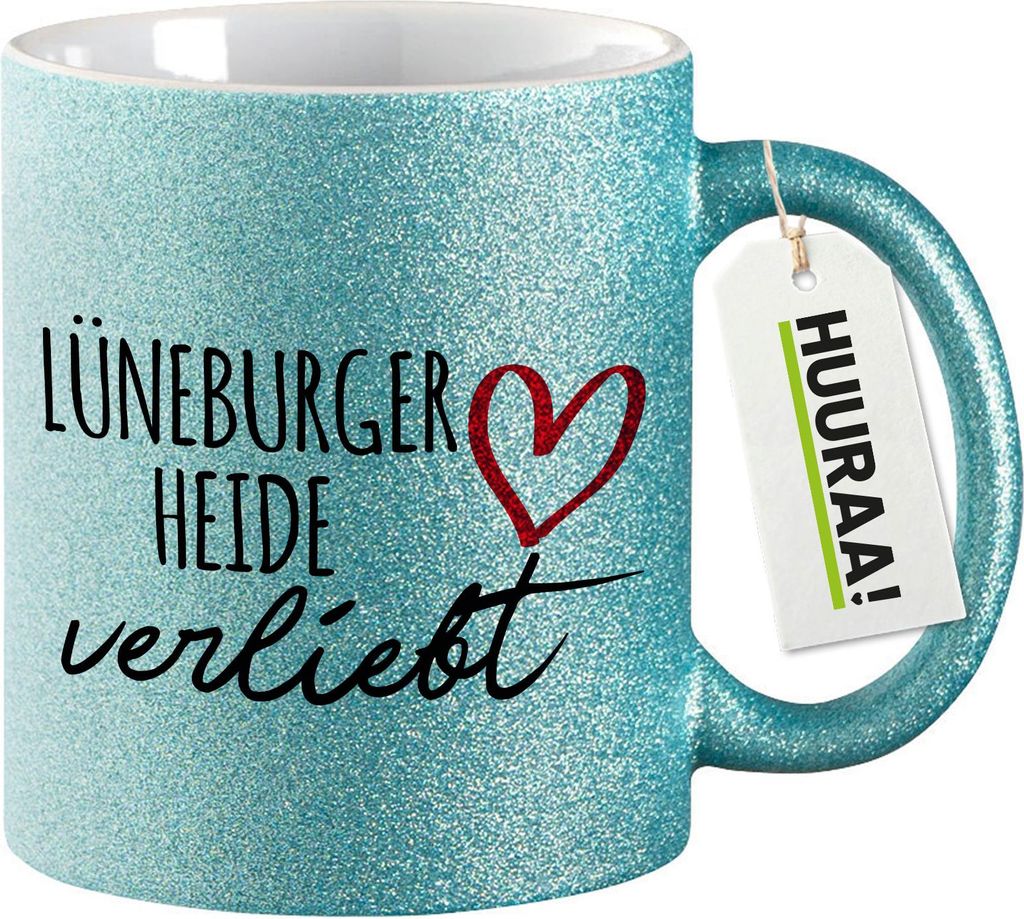 Huuraa Glitzertasse Lüneburger Heide verliebt 330ml Blau Keramik Kaffeebecher Geschenkidee