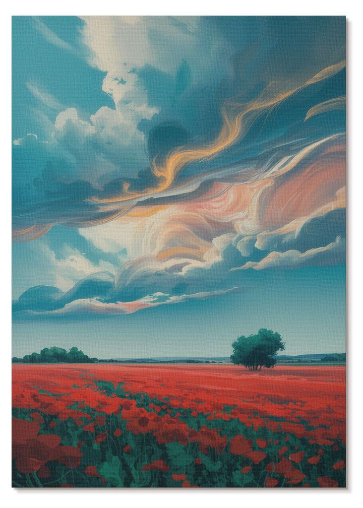 POSTER - 21x29 cm (A4) - Ewa Szymańska - Eine farbenprächtige Mohnblumenwiese unter einem gleißenden Himmel - Wandbild für Wohnzimmer Schlafzim...