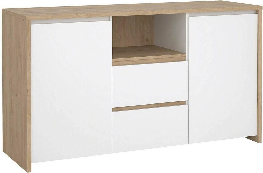 Kommode Alalngar, Wohnzimmerbuffet, Wohnzimmer-Sideboard, Moderne Küchen-Speisekammer, 149x48 h84 cm, Eiche und Glänzend Weiß