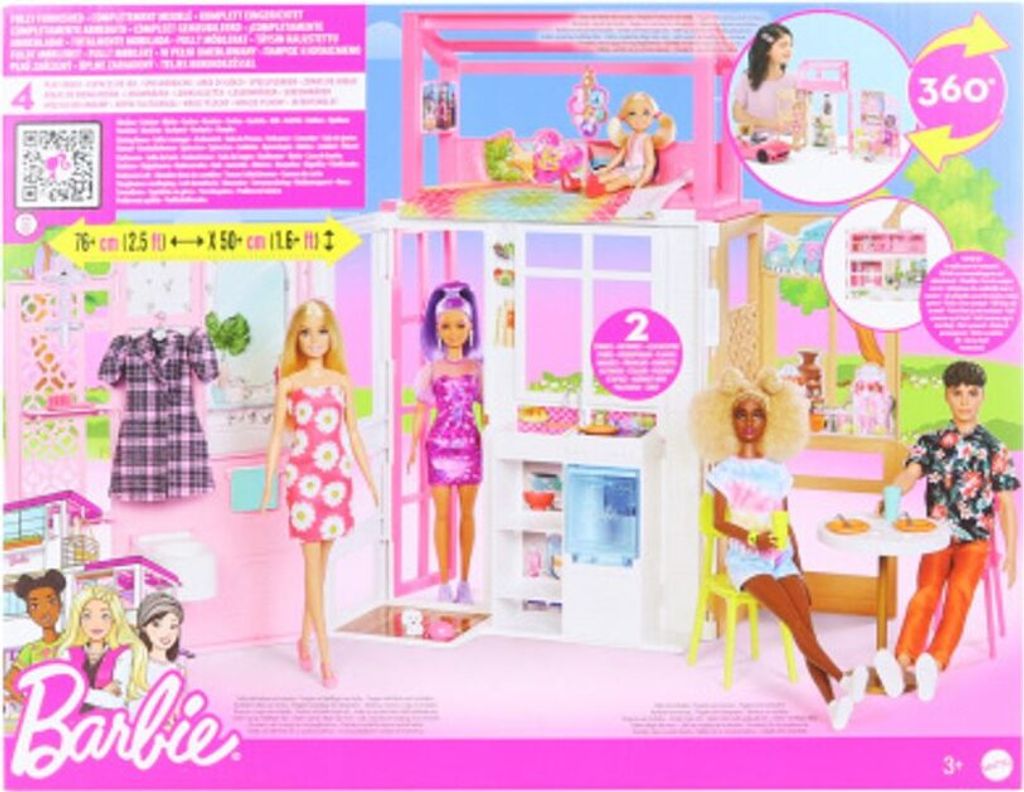 A Barbie doll playhouse playset is shown on its packaging, with dolls and accessories displayed.
