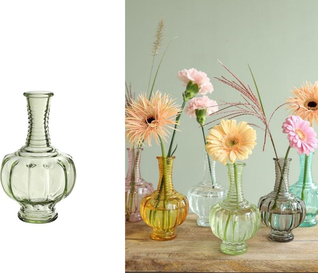 Vintage Glasvase 15 cm, in vielen Farben – Kleine Tischvase für Trockenblumen & Blumensträuße – Hochzeitsvase – Deko Glasflasche, Farbe:He...