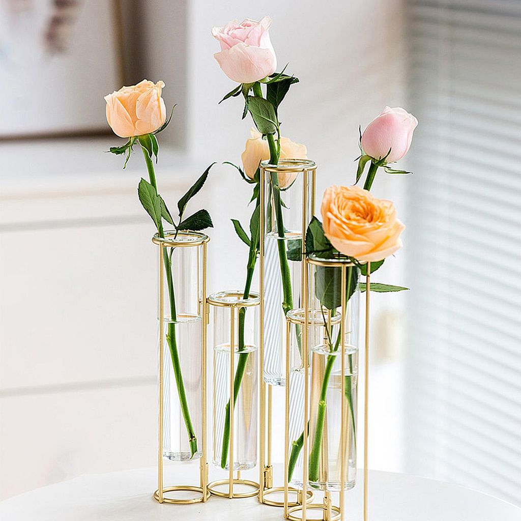 Faltbares Eisenvasen-Set, 5-Röhren Blumenarrangeur im europäischen Stil, nordisches Glasreagenzglas für Trockenblumen Dekoration