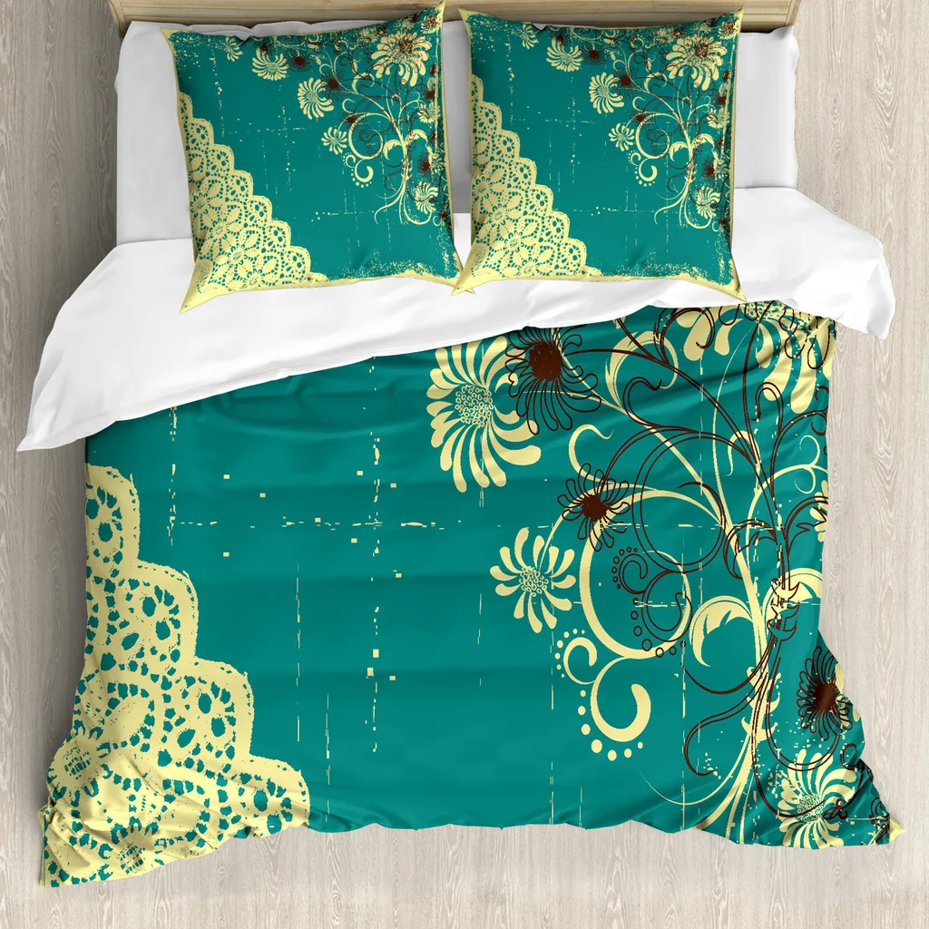 ABAKUHAUS Copripiumino vintage, cornice in pizzo retrò Flora, antiacaro e anallergico, con federe, 155 cm x 220 cm - 80 x 80 cm, bianco e verde giada
