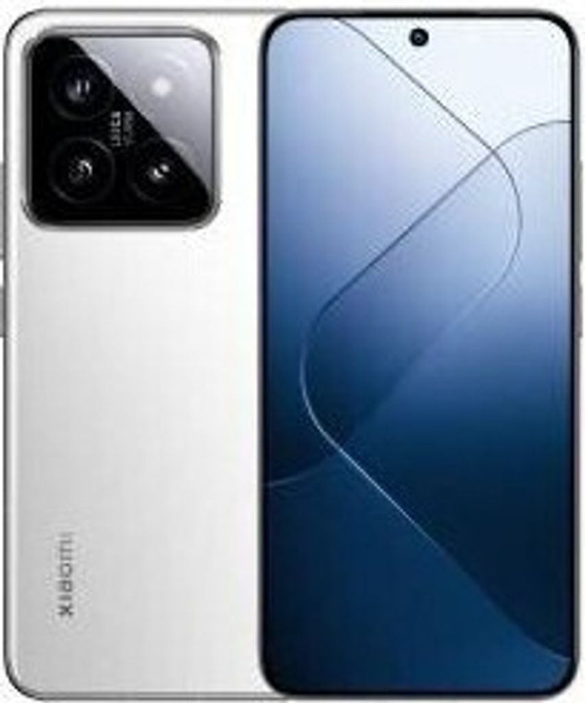 A white Xiaomi smartphone is shown from the back and front, with the screen displaying a blue abstract design.
