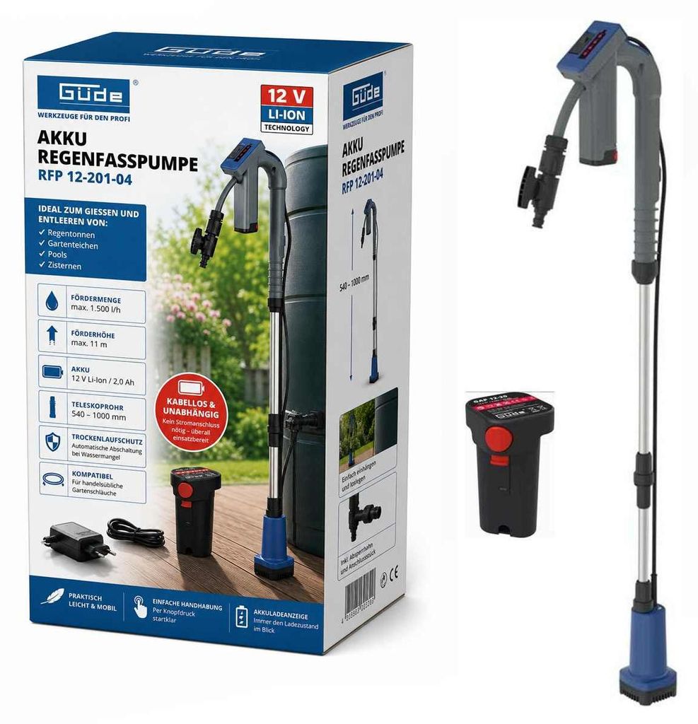 Güde Akku Regenfasspumpe 12V RFP 12-201-04 Gartenpumpe mit Akku und Ladegerät