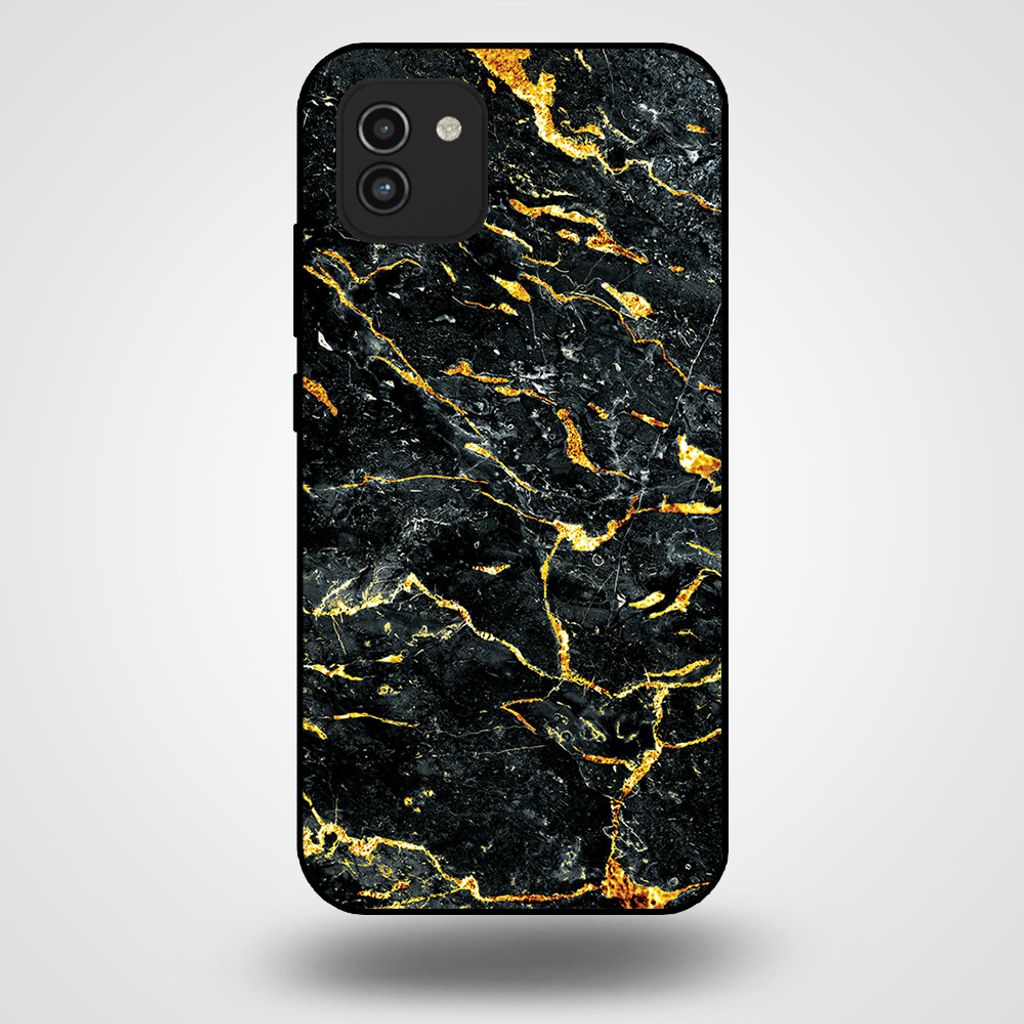 Smartphonica Handytasche für Samsung Galaxy A03 mit Marmordruck - TPU Rückseite Fall Marmor Design - Gold Schwarz