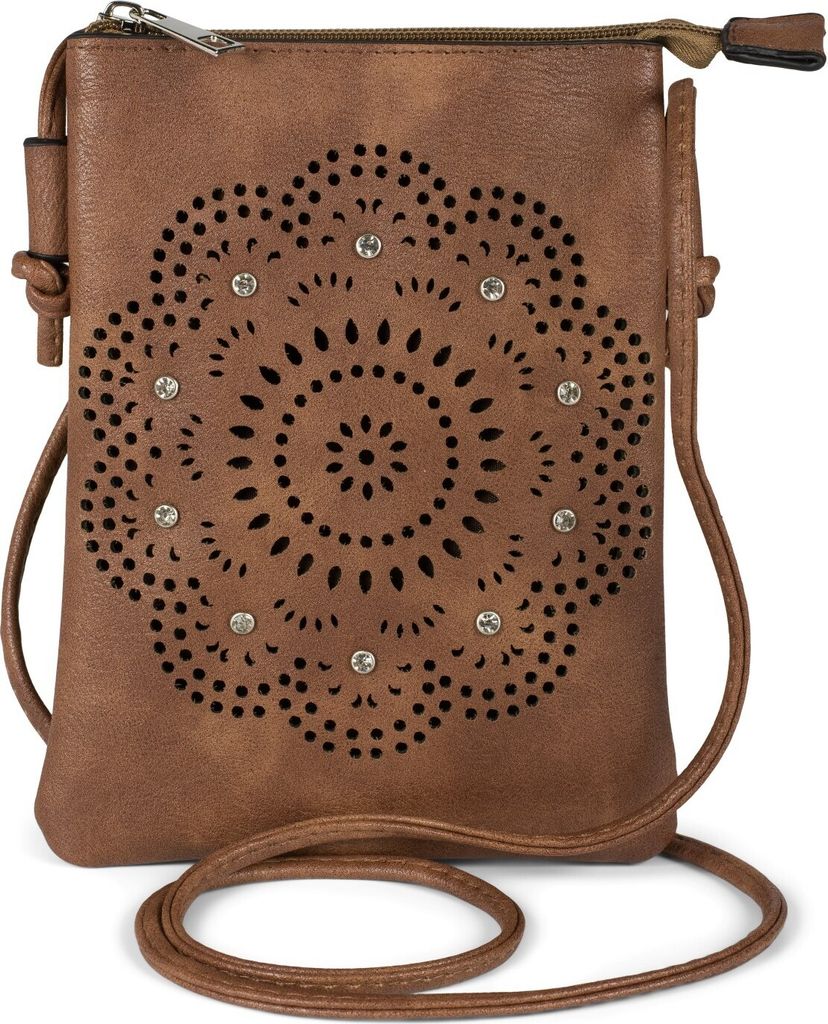 styleBREAKER Damen Mini Umhängetasche mit Blumen Lasercut Cutout Muster und Strass | kleine Crossbody Bag Schultertasche Handytasche 14,5 x 19 cm