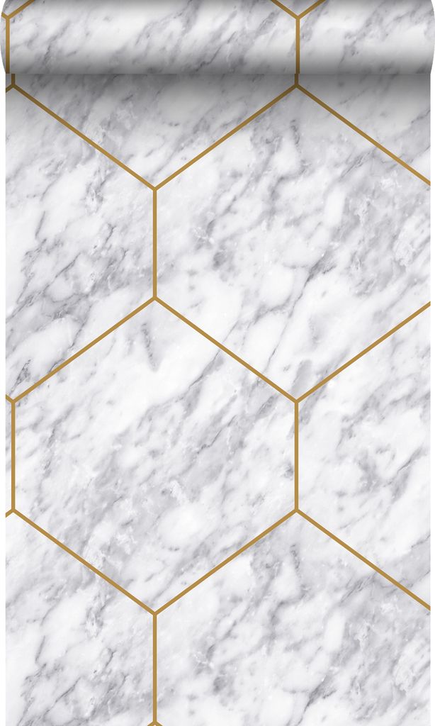 Origin Wallcoverings Tapete Wabenmuster mit Marmoreffekt Weiß, Grau und Gold 50 x 900 cm