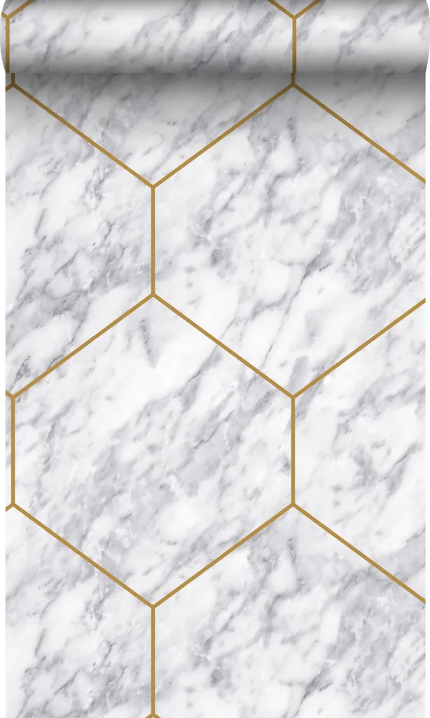 Papier peint hexagone effet marbre blanc et doré avec finition premium