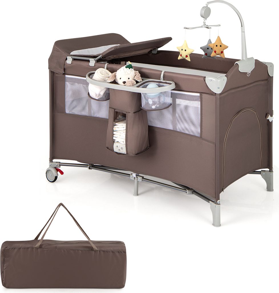 COSTWAY 5 in 1 Beistellbett klappbar, Reisebett mit Matratze, 2 Ebene Babybett für Baby bis 3 Jahren (Braun)
