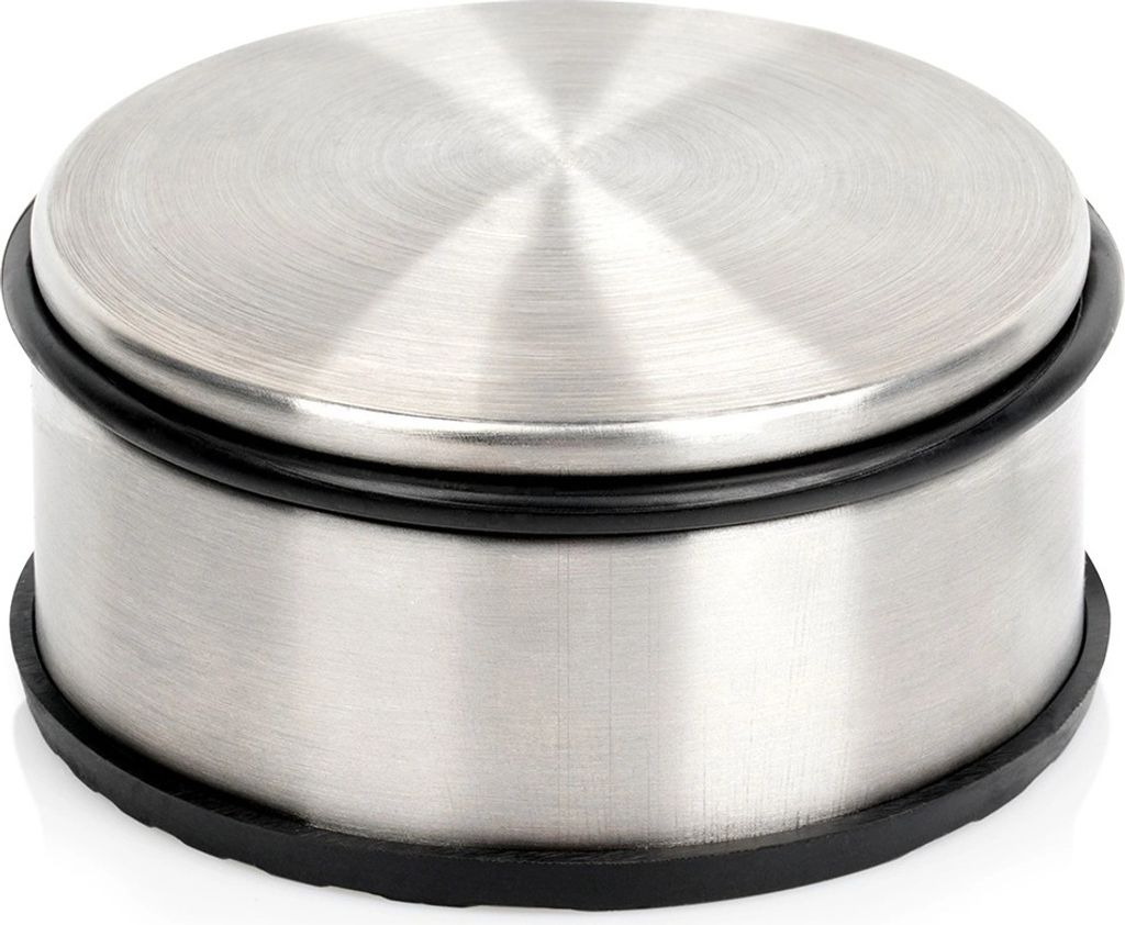 A stainless steel door stopper with a black rubber base and trim, shown on a white background.