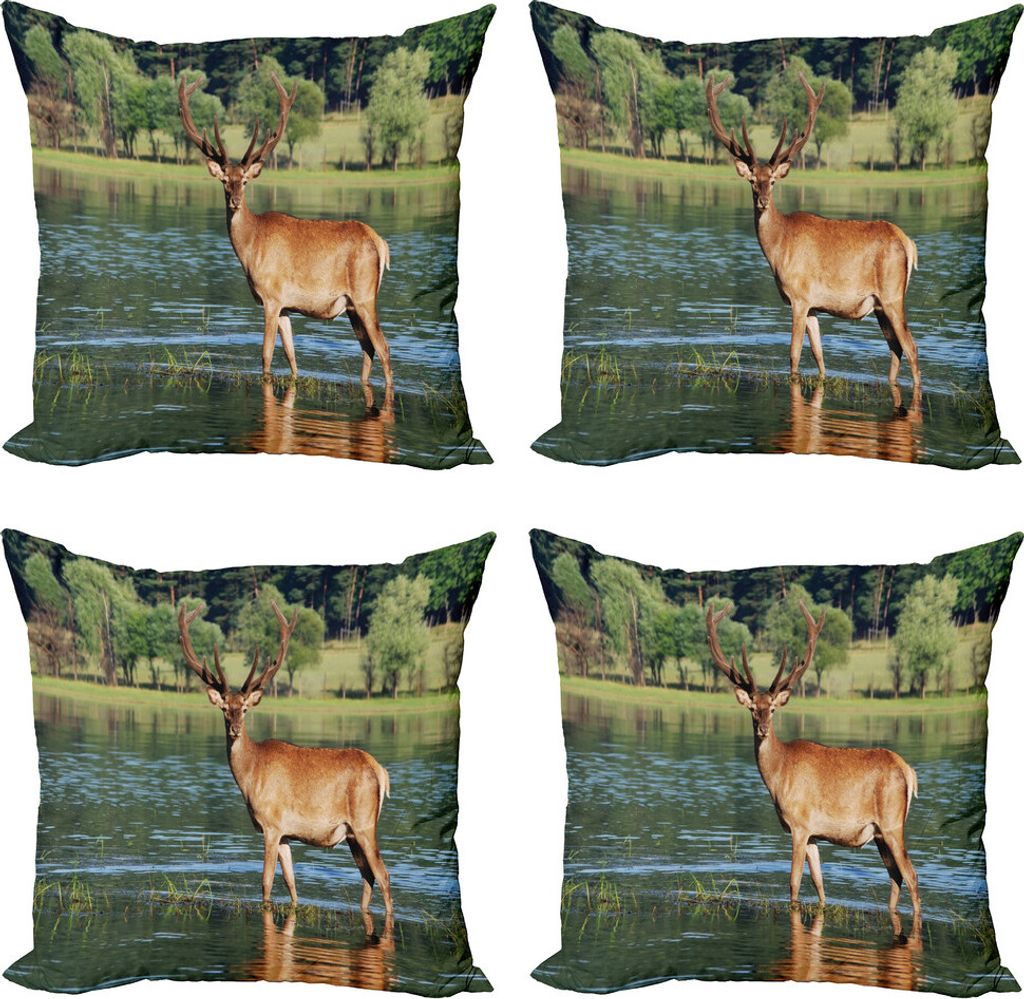 ABAKUHAUS Hirsch Kissenbezug Set (4 Stück), Berg Tier in Wasser, Moderner Doppelseitiger Digitaldruck, 45 cm x 45 cm, Grün Braun