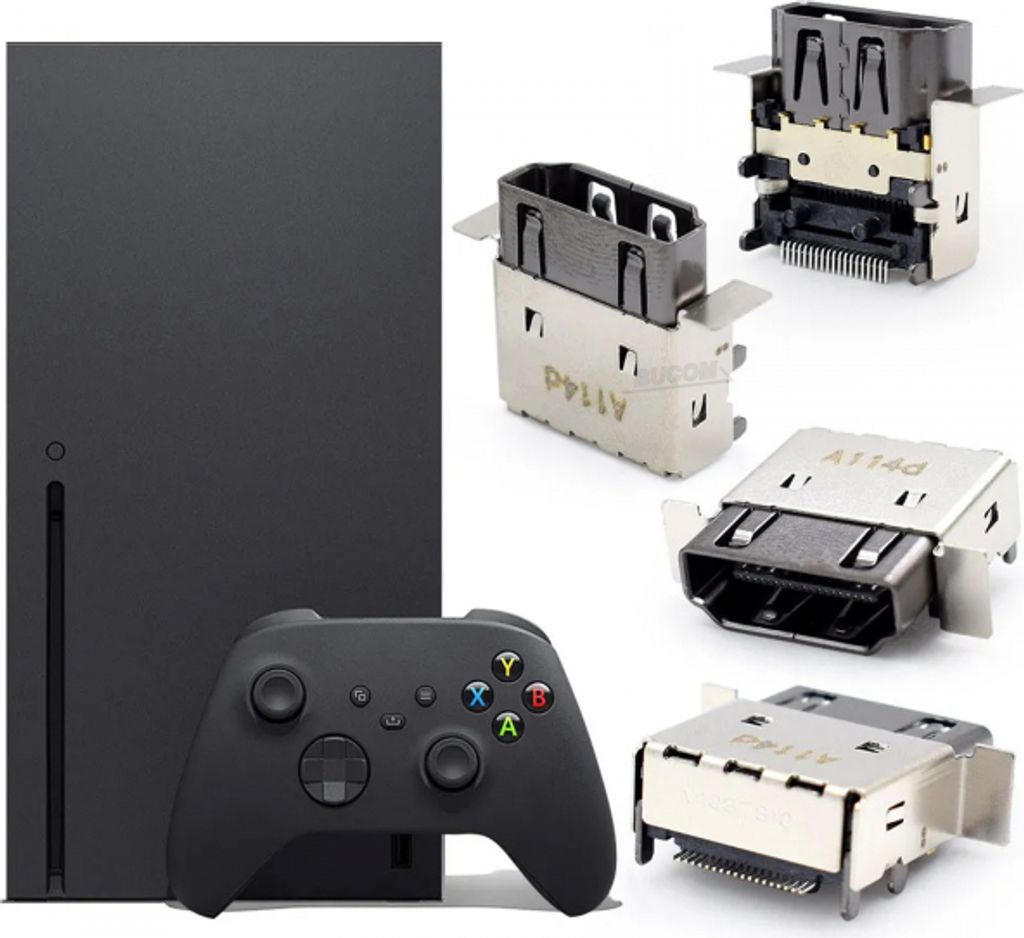 A collage showing an Xbox Series X console and controller, along with several HDMI port connectors.