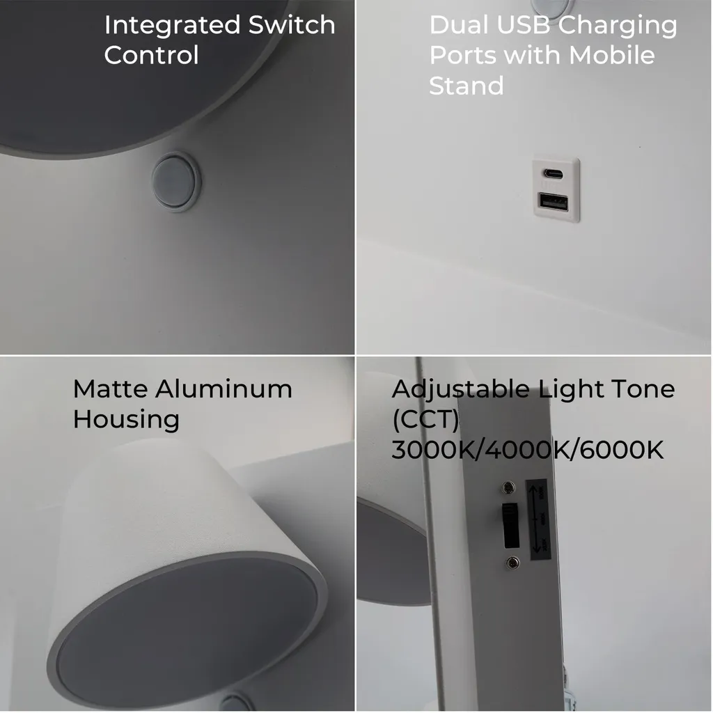 Applique Murale LED 6W Orientable avec USB et Type-C Puce Osram Haute Qualité
