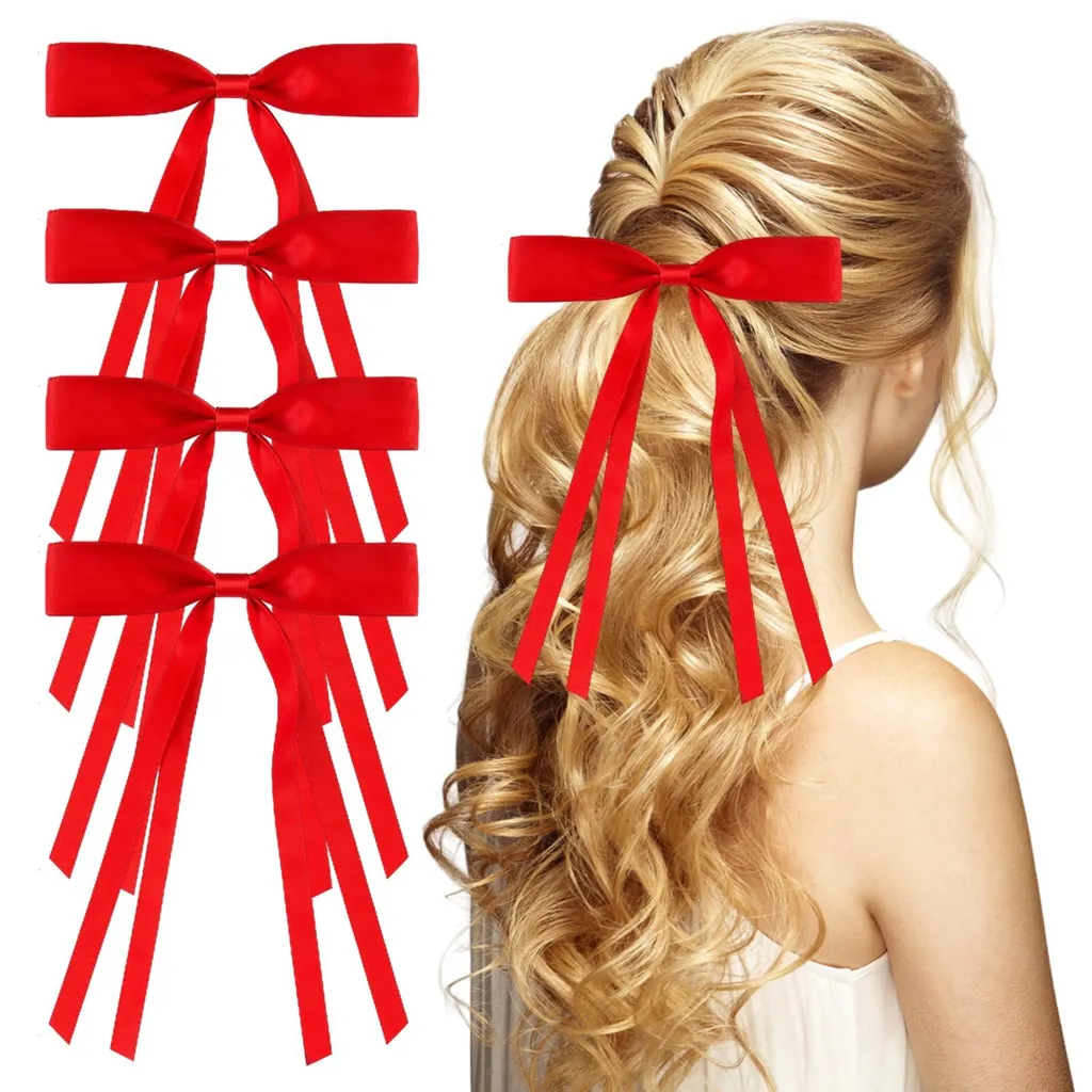 Accessoires de coiffure femme avec 4 nœuds à longs pans en satin rouge
