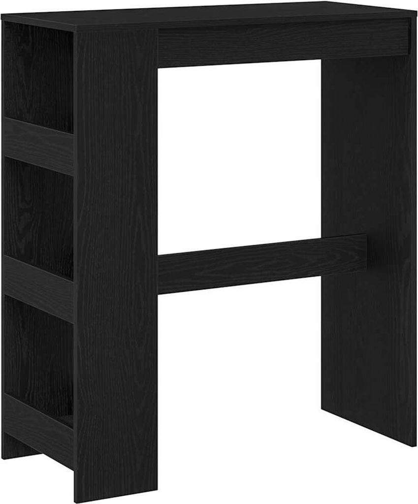 A black bar table with shelves on the side, shown against a white background.