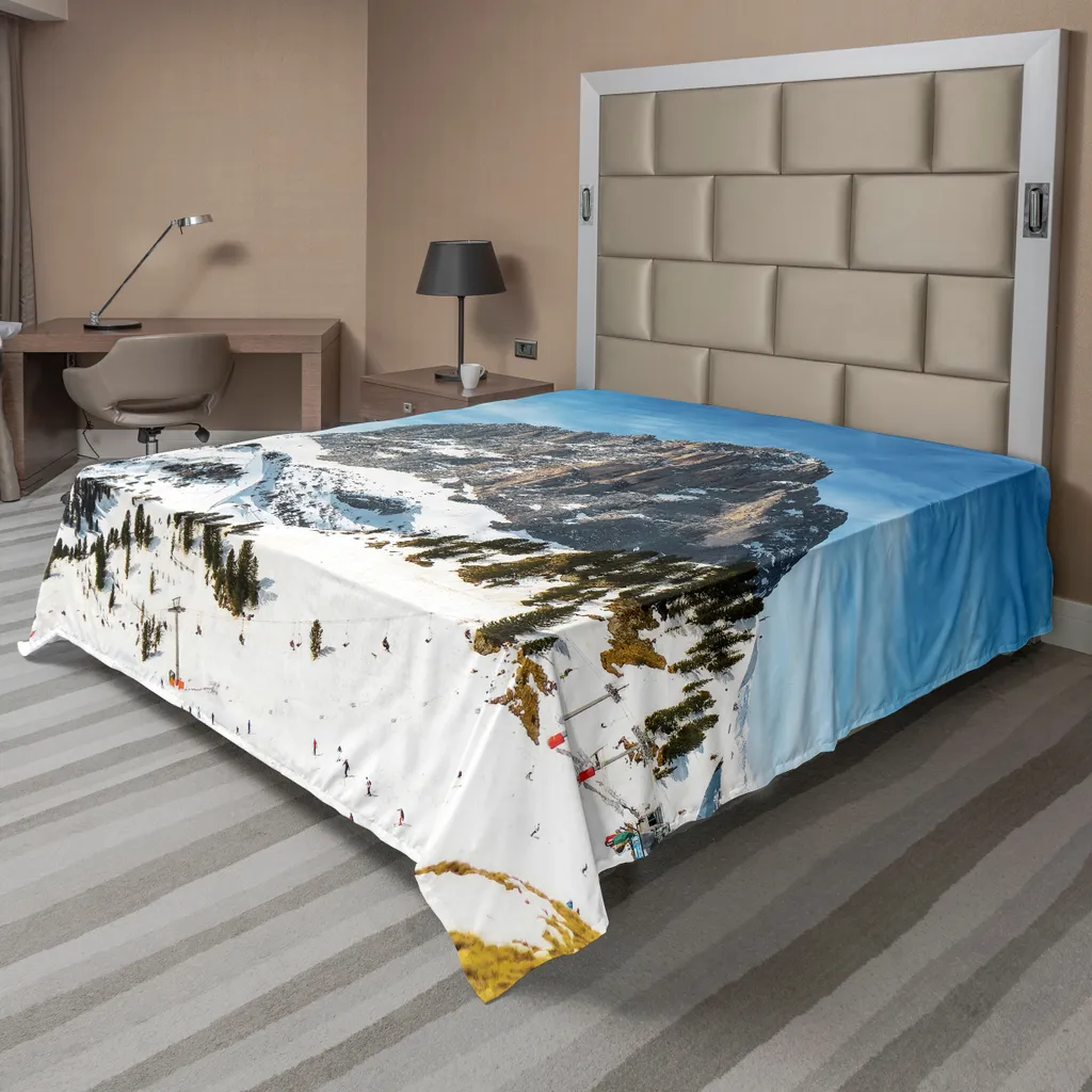 Drap plat décoratif imprimé Montagne Neige 260 x 228 cm Marron Blanc