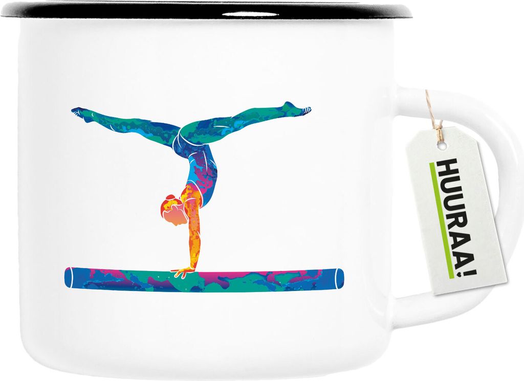 Huuraa Emaille Tasse Gymnastik Schwebebalken 300ml Vintage Campingbecher Geschenkidee